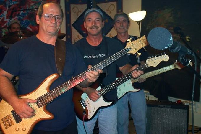 Three men with guitars at a band practice